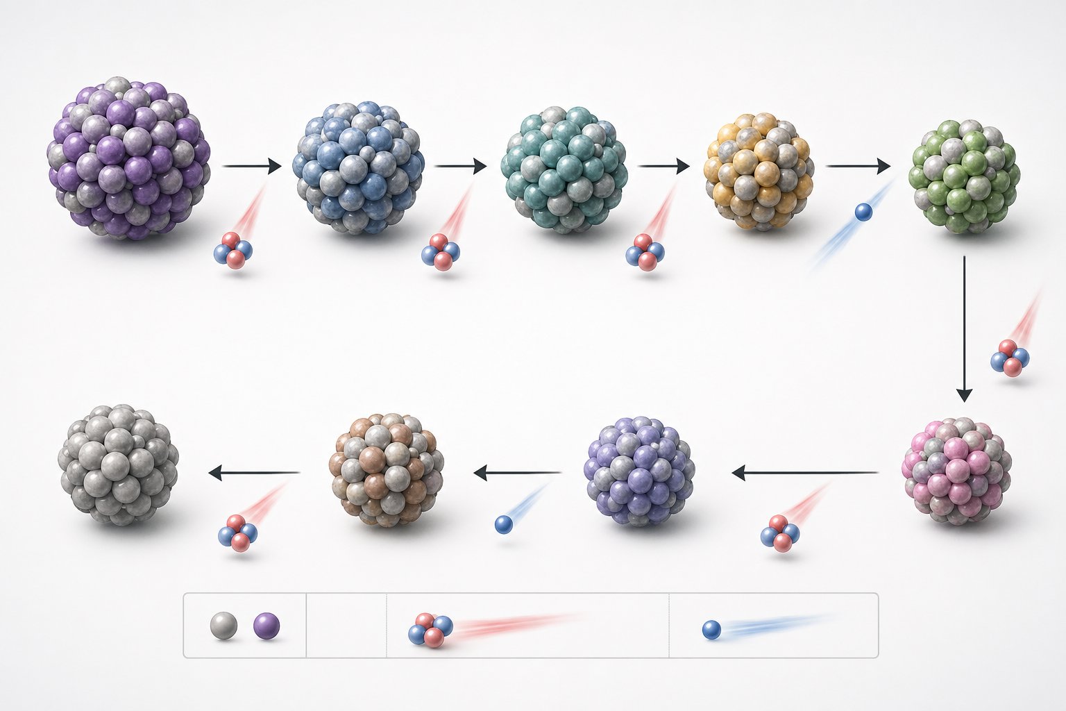 Illustration som visar hur ämnen bildas i en sönderfallskedja med radondöttrar, där atomkärnor förändras och avger strålning i en stegvis process.