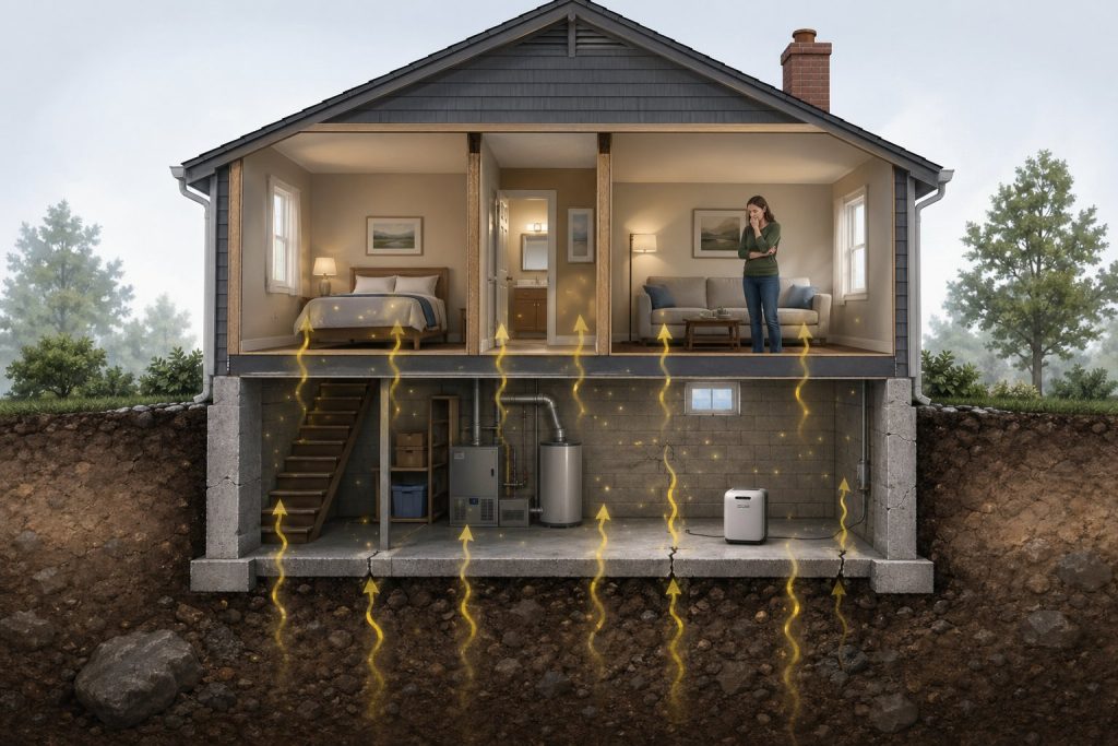 Tvärsnitt av ett hus som visar radongas som stiger från marken in i källaren och bostadsutrymmen.
