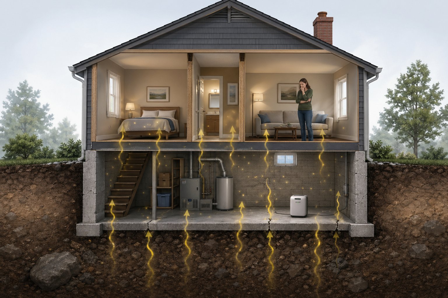 Tvärsnitt av ett hus som visar radongas som stiger från marken in i källaren och bostadsutrymmen.