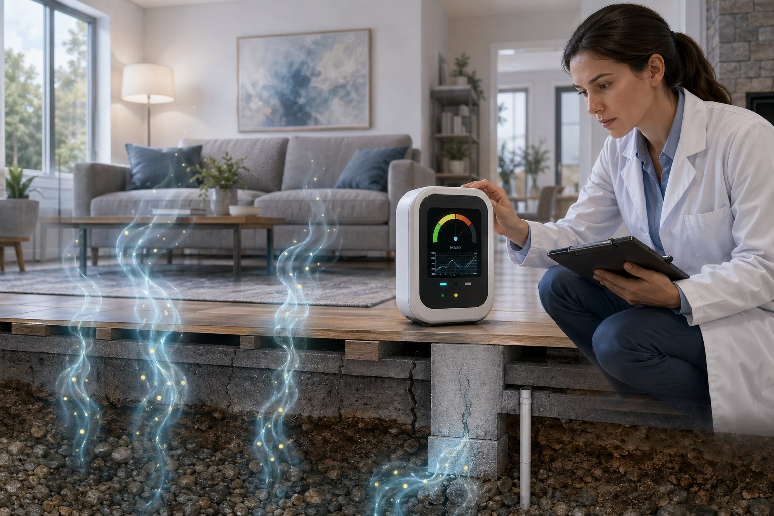 En bostadsinteriör där en tekniker övervakar en radonmätare medan osynlig radongas stiger upp från marken under huset.