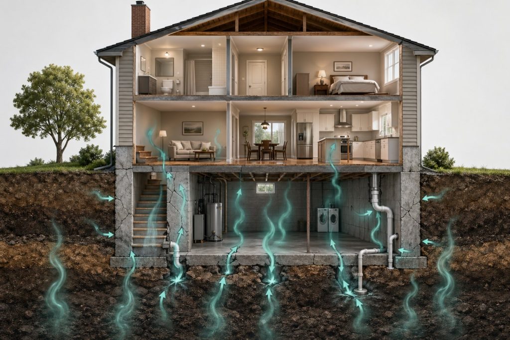 Tvärsnitt av ett hus som visar hur radon tränger in från marken genom sprickor och öppningar i husets grund.