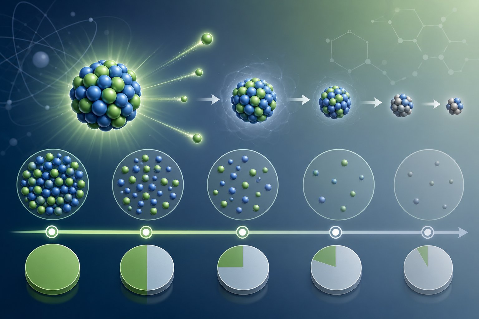 Illustration som visar radonatomers sönderfall och halveringstid med en tidslinje och atomstruktur.