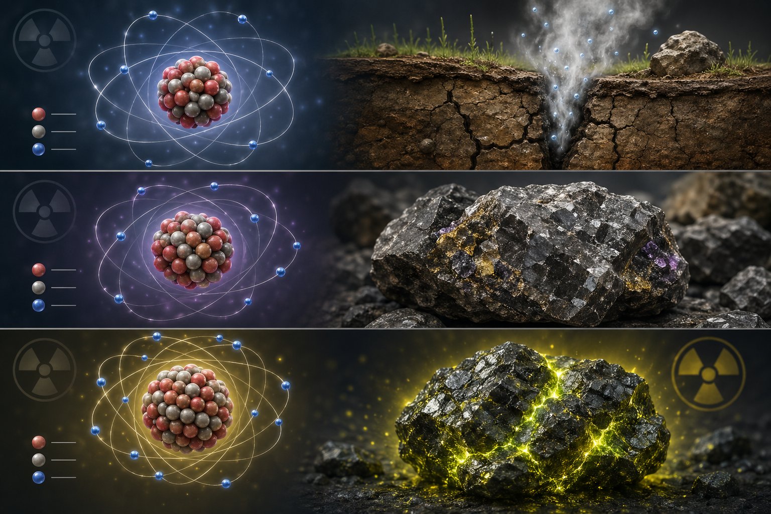 Illustration som visar skillnaderna mellan radon, torium och uran med deras atommodeller och naturliga förekomster.