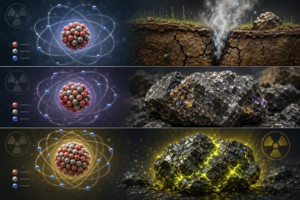 Illustration som visar skillnaderna mellan radon, torium och uran med deras atommodeller och naturliga förekomster.