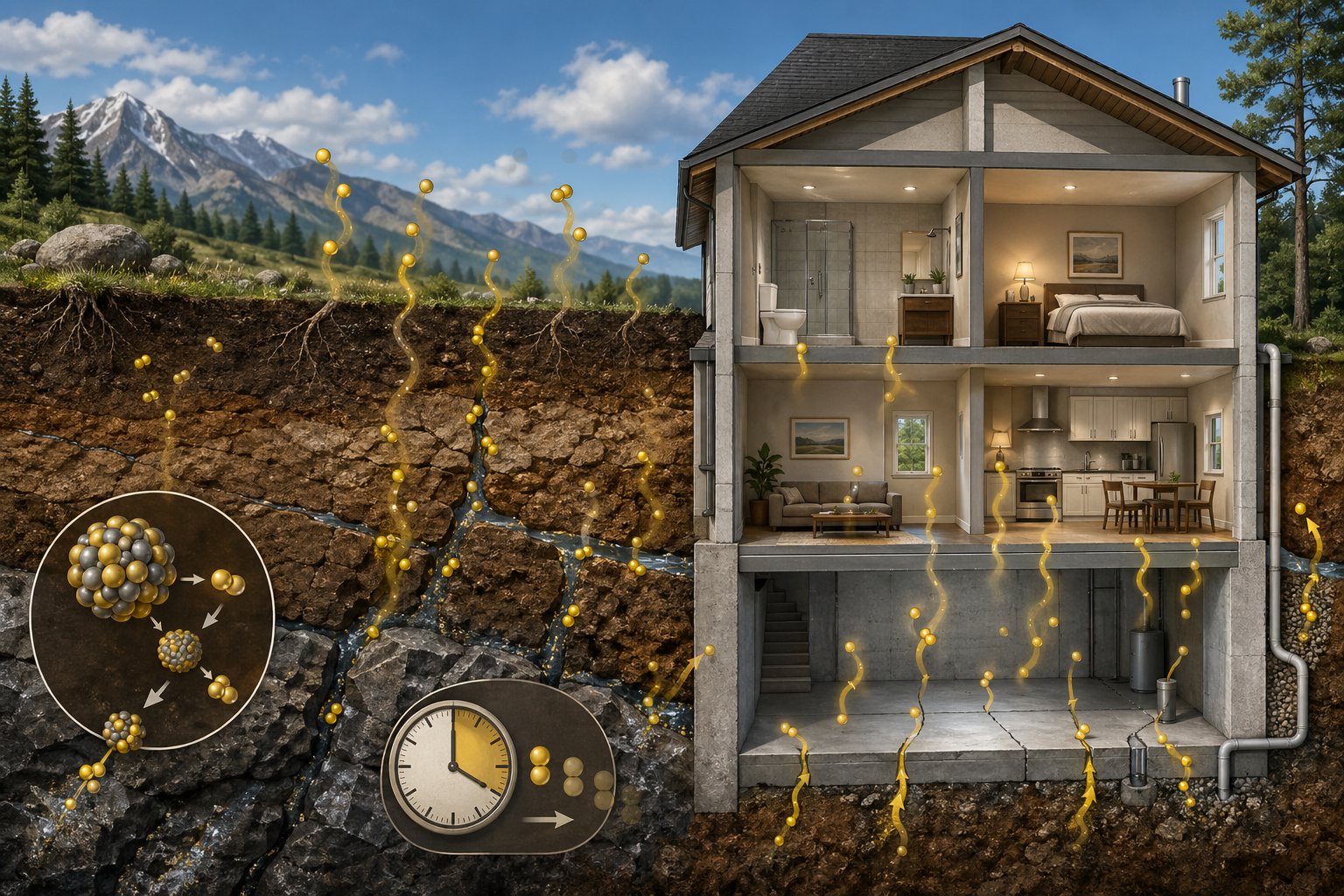 Tvådelad illustration som visar radon som bildas i marken och tränger in i en byggnad, med en symbol för halveringstid i marken.