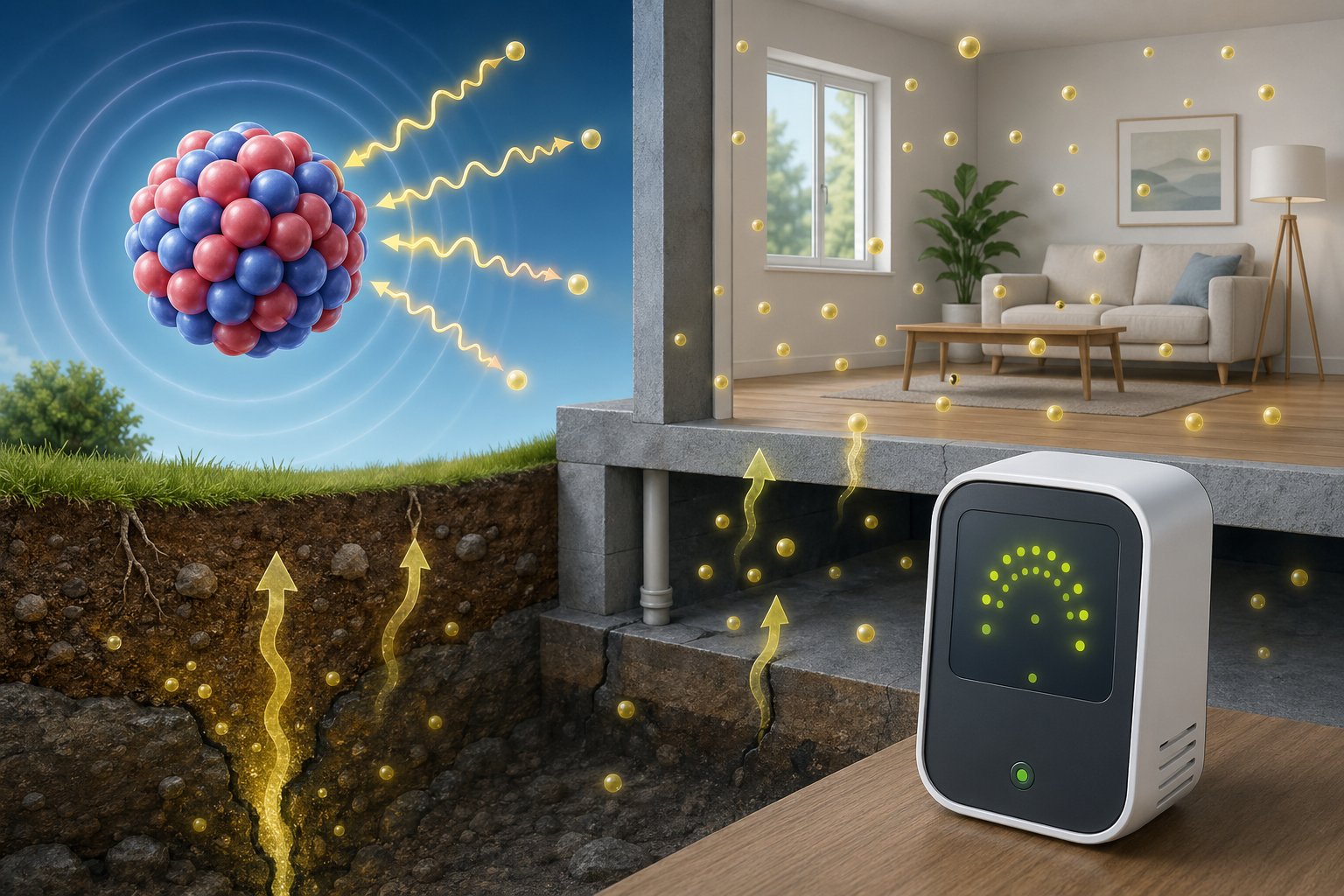 Illustration som visar atomkärna som sänder ut strålning och en radondetektor som mäter gasnivåer i ett hem med mark och inomhusluft i bakgrunden.