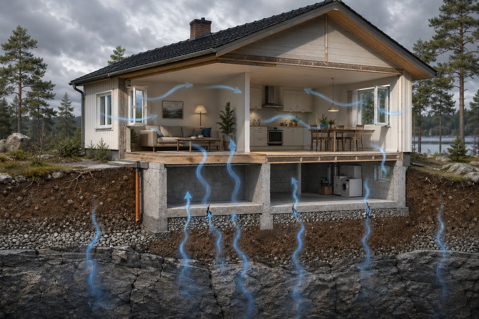 Tvärsnitt av ett svenskt hus som visar hur radon stiger från marken genom sprickor i grunden och sprids i inomhusluften.