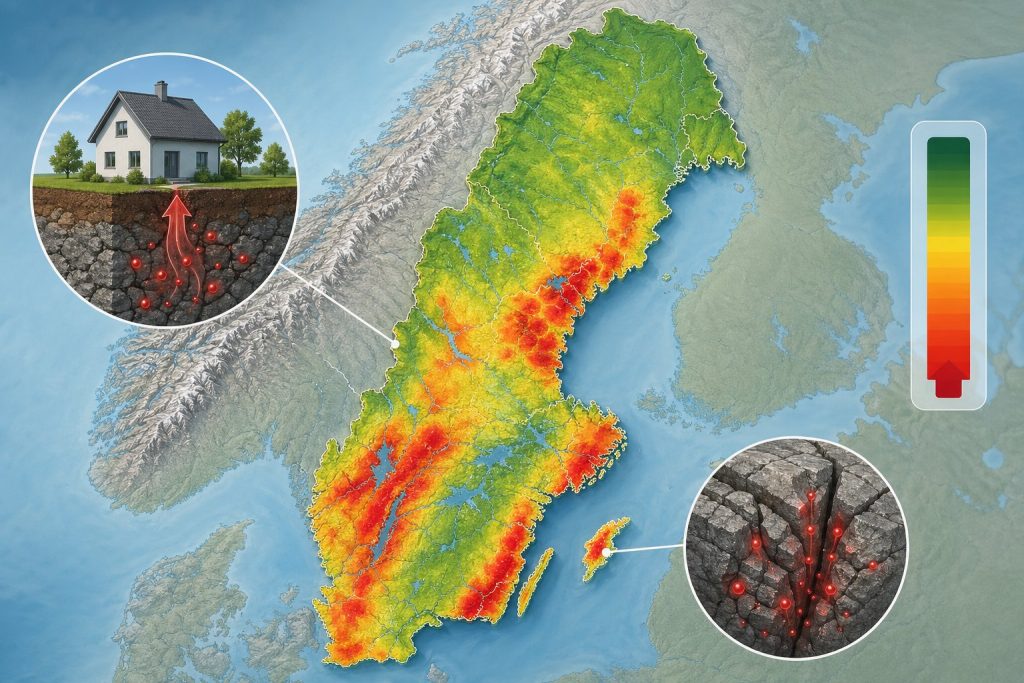 En karta över Sverige som visar områden med höga radonhalter markerade i rött.