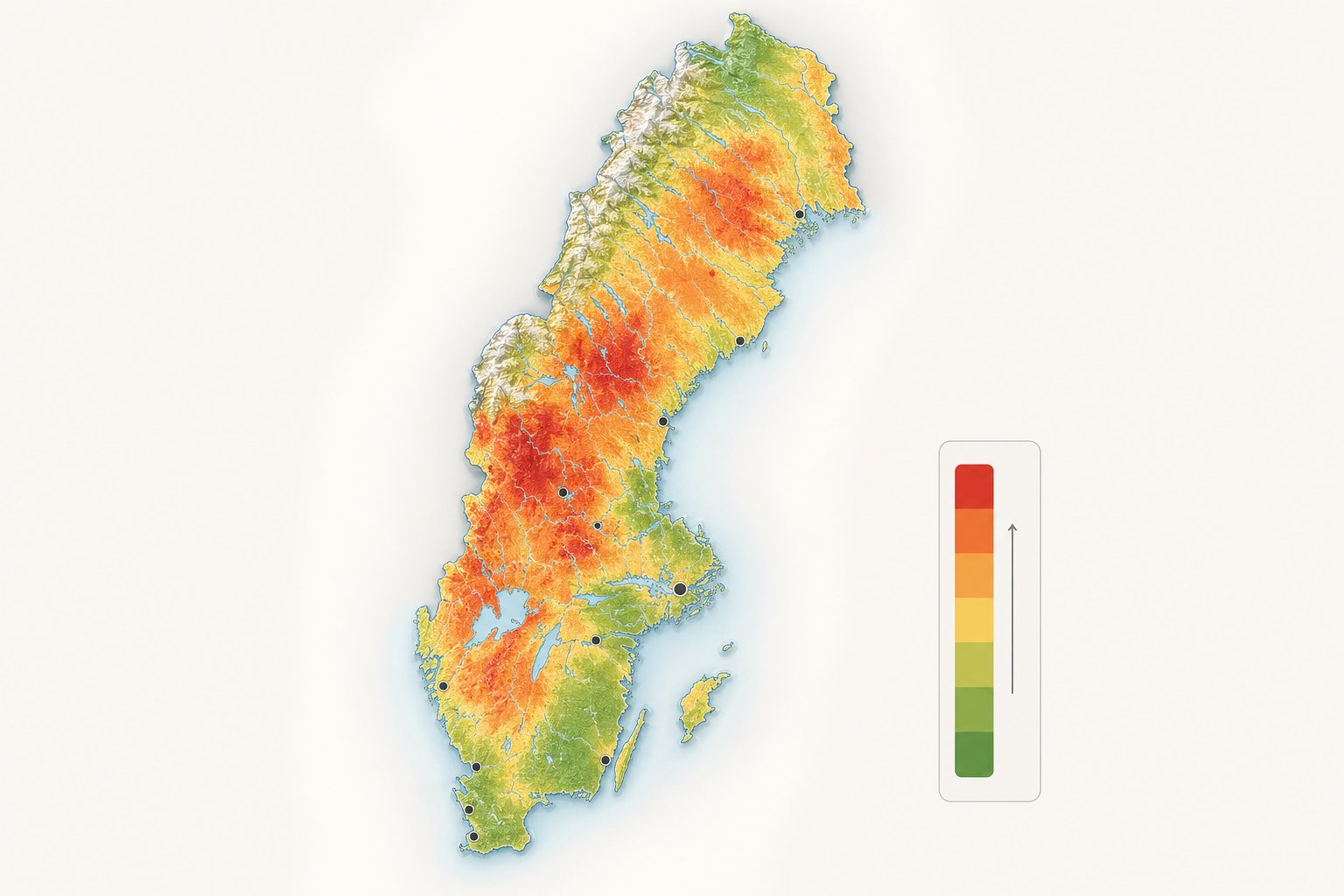 En karta över Sverige som visar områden med förhöjd risk för markradon markerade i olika färger.