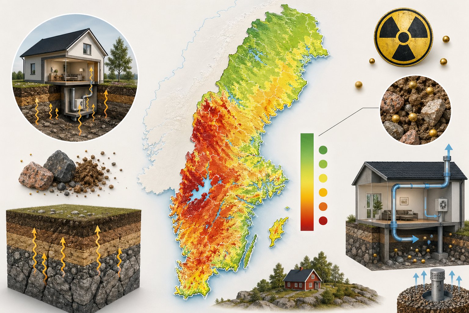 En karta över Sverige som visar områden med högst radonrisk markerade i olika färger, med ikoner som representerar hus och marklager runt omkring.