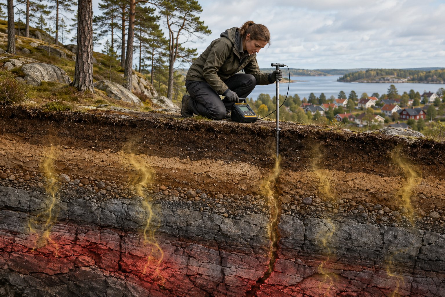 En kvinnlig geolog undersöker marken i en svensk naturmiljö med skog och berg, med en jordprofil som visar olika jordlager under markytan.