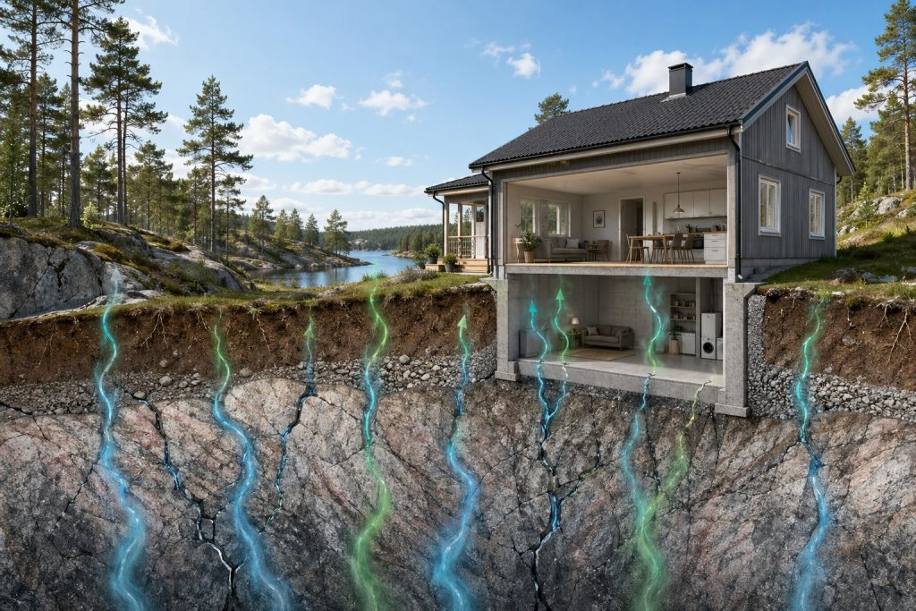 En illustration som visar radon som stiger från berggrunden under en svensk husgrund i en skogsmiljö.