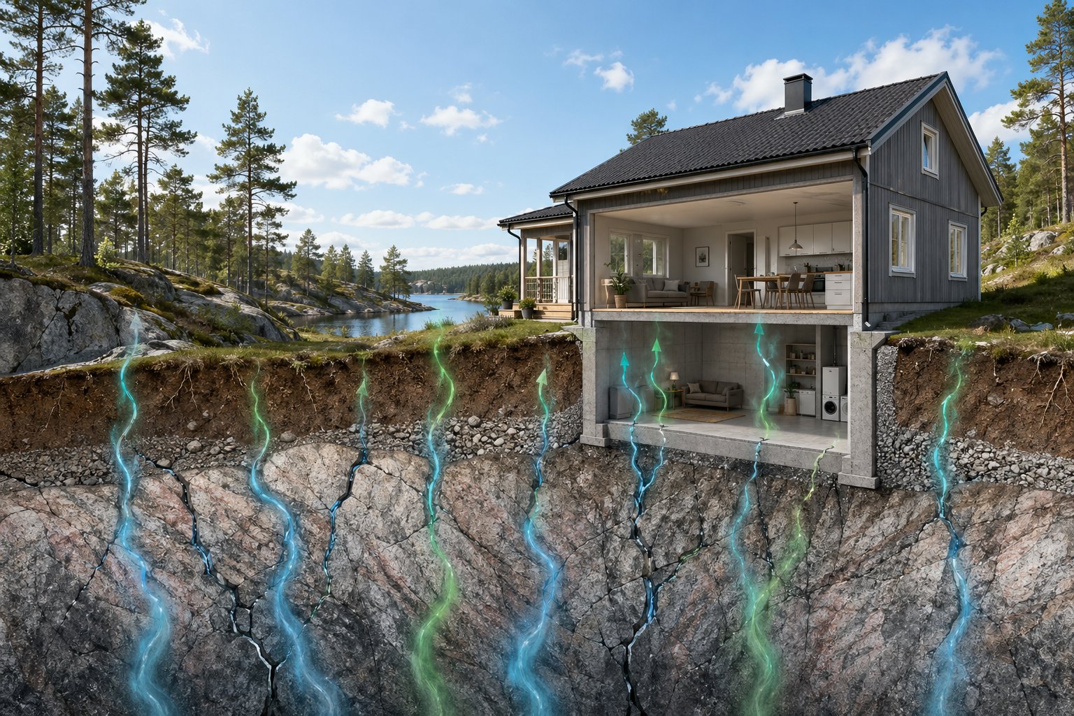 En illustration som visar radon som stiger från berggrunden under en svensk husgrund i en skogsmiljö.