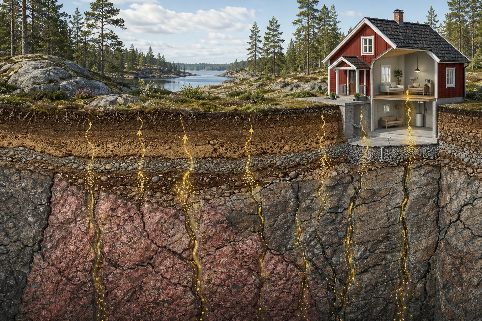 Tvärsnitt av svensk berggrund och jordlager som visar hur radongas stiger från berget genom sprickor och jord mot markytan i en typisk svensk landskapsscen.