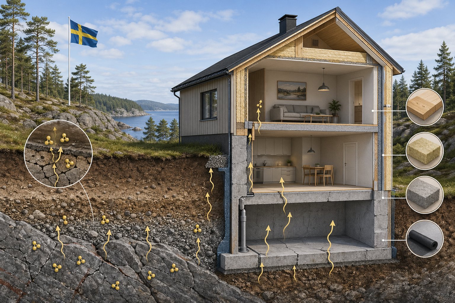 Tvärsnitt av ett hus på berggrund med marklager och radongas som stiger från marken in i huset.