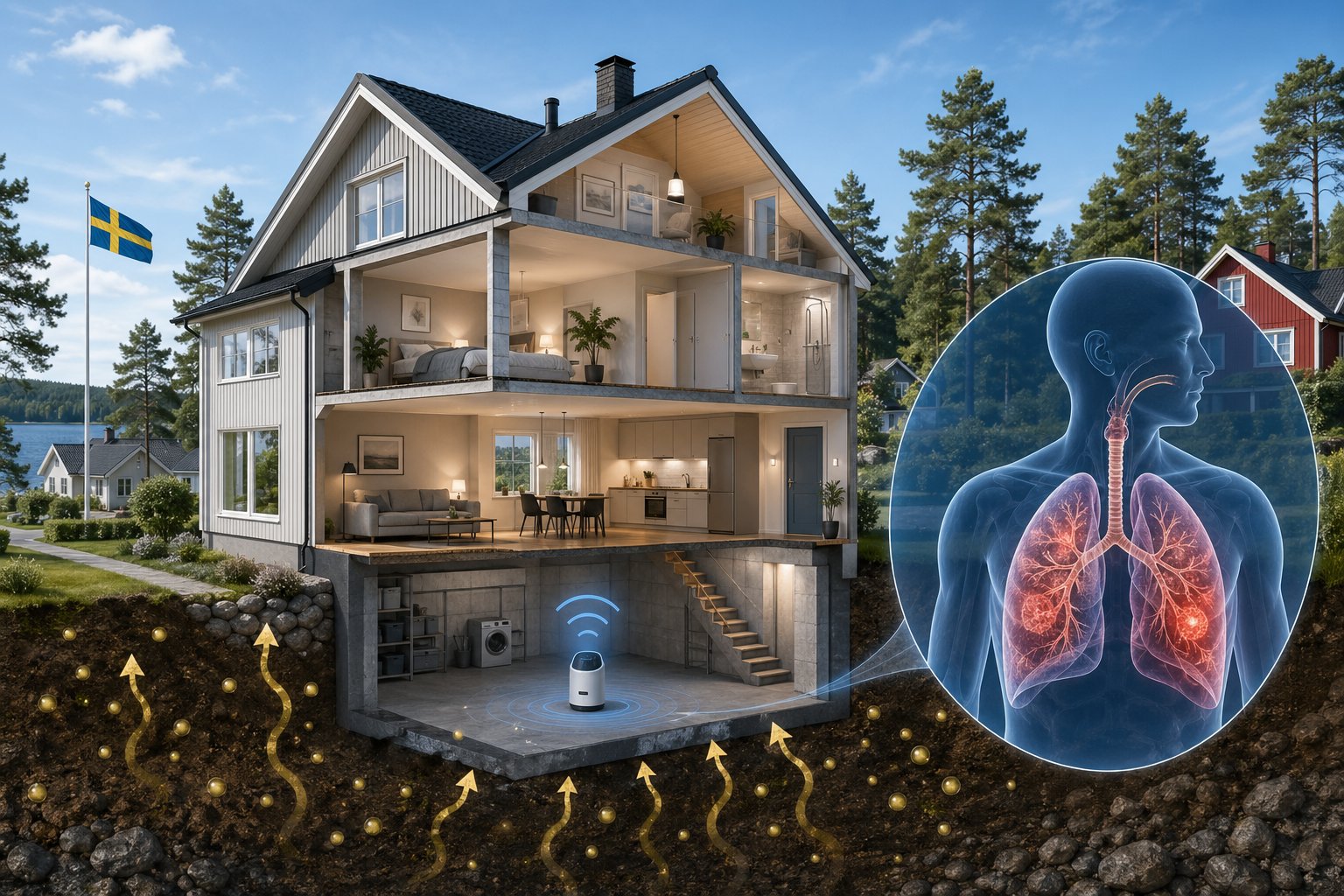 Tvärsnittsbild av ett svenskt hus med en radonmätare i källaren och illustration av hur radon påverkar lungorna.