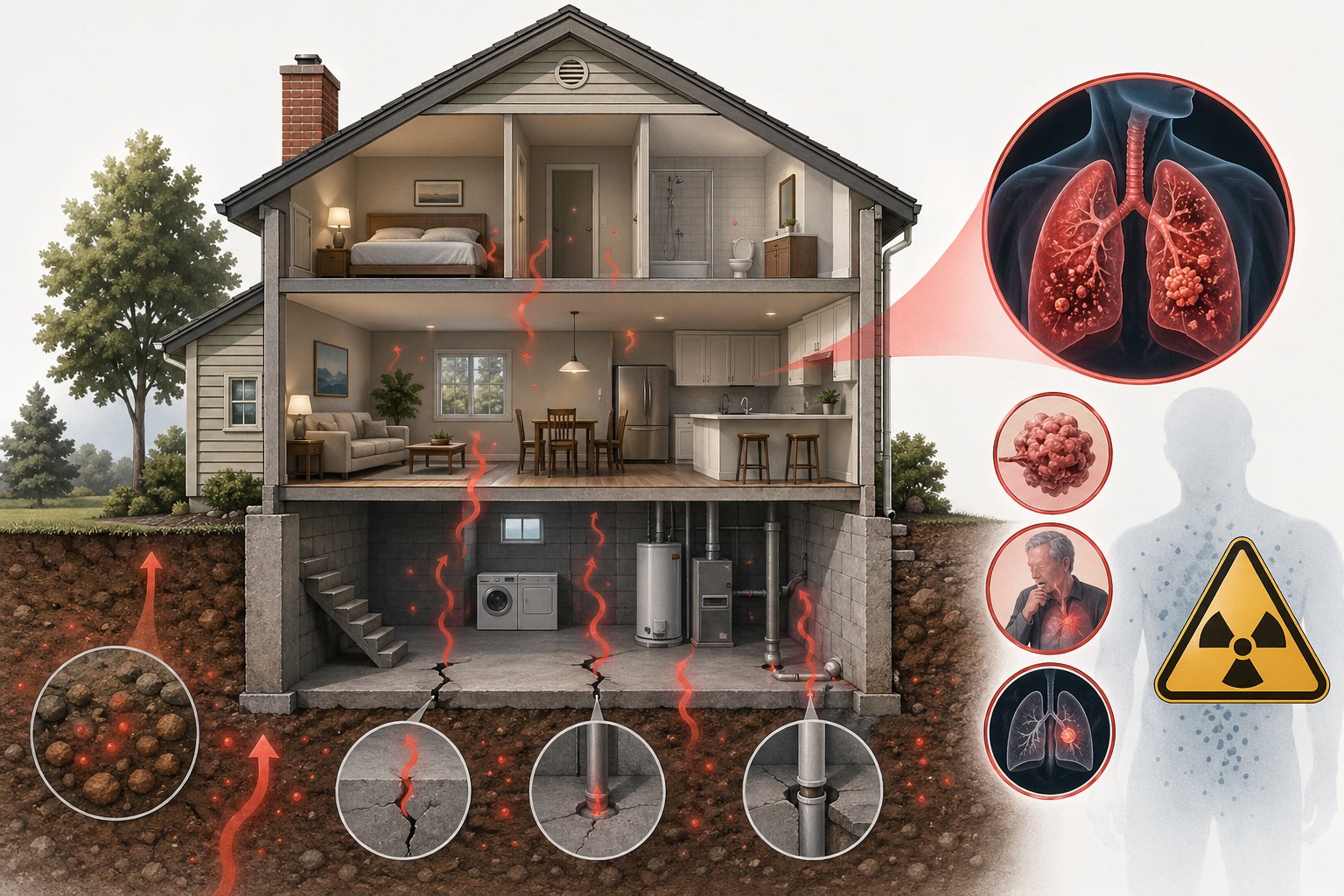 Tvärsnitt av ett hus som visar var radon kommer in och symboler för hälsorisker kopplade till radon.