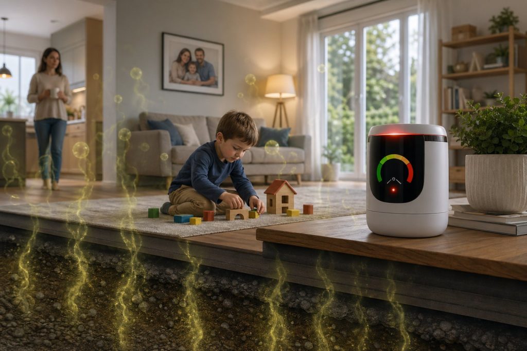 Ett barn som leker i ett vardagsrum med en radondetektor på bordet och svaga gaspartiklar som stiger från marken under huset.