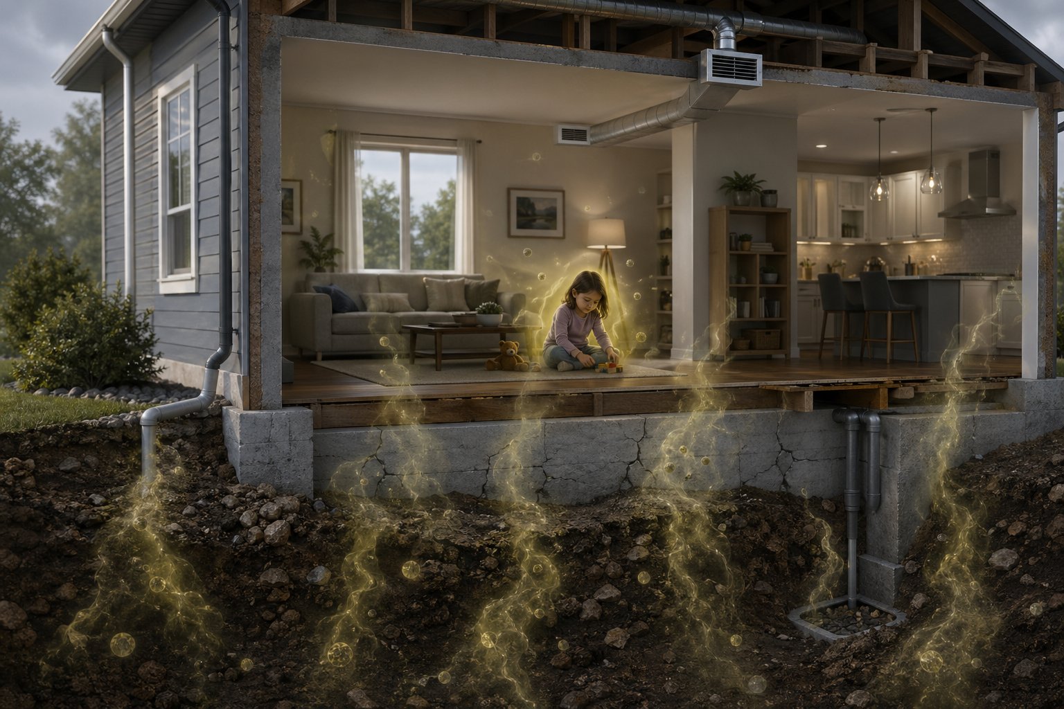 Tvärsnitt av ett hus där radongas tränger in från marken och påverkar ett barn som är inomhus.