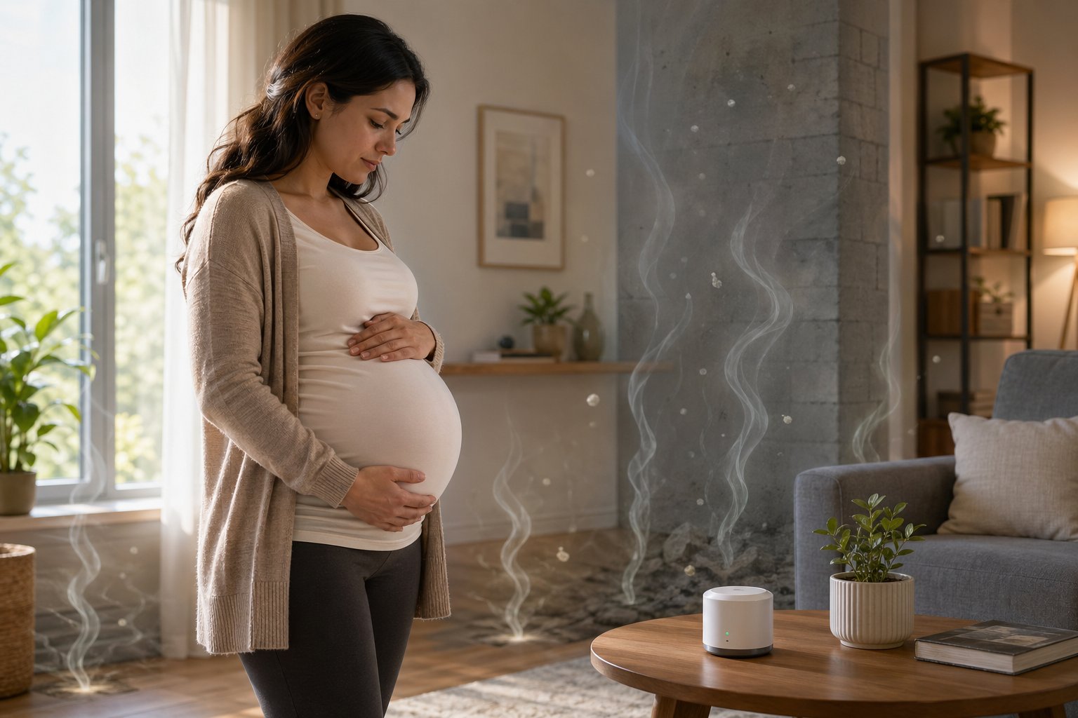 En gravid kvinna som försiktigt håller sin mage i ett hem med en radonmätare på ett bord i bakgrunden.