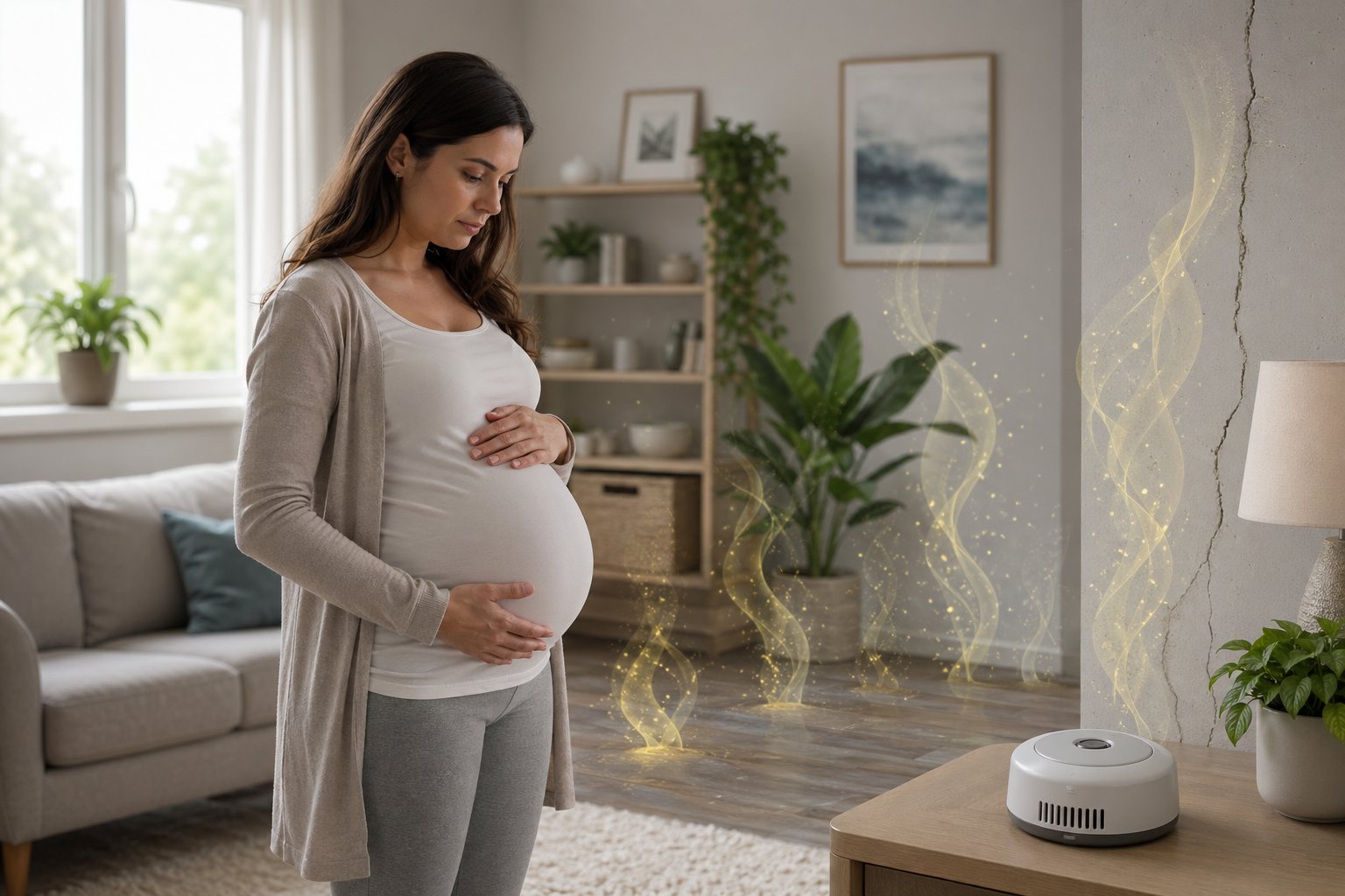 En gravid kvinna står inomhus och håller om sin mage, med subtila tecken på radongas i bakgrunden.