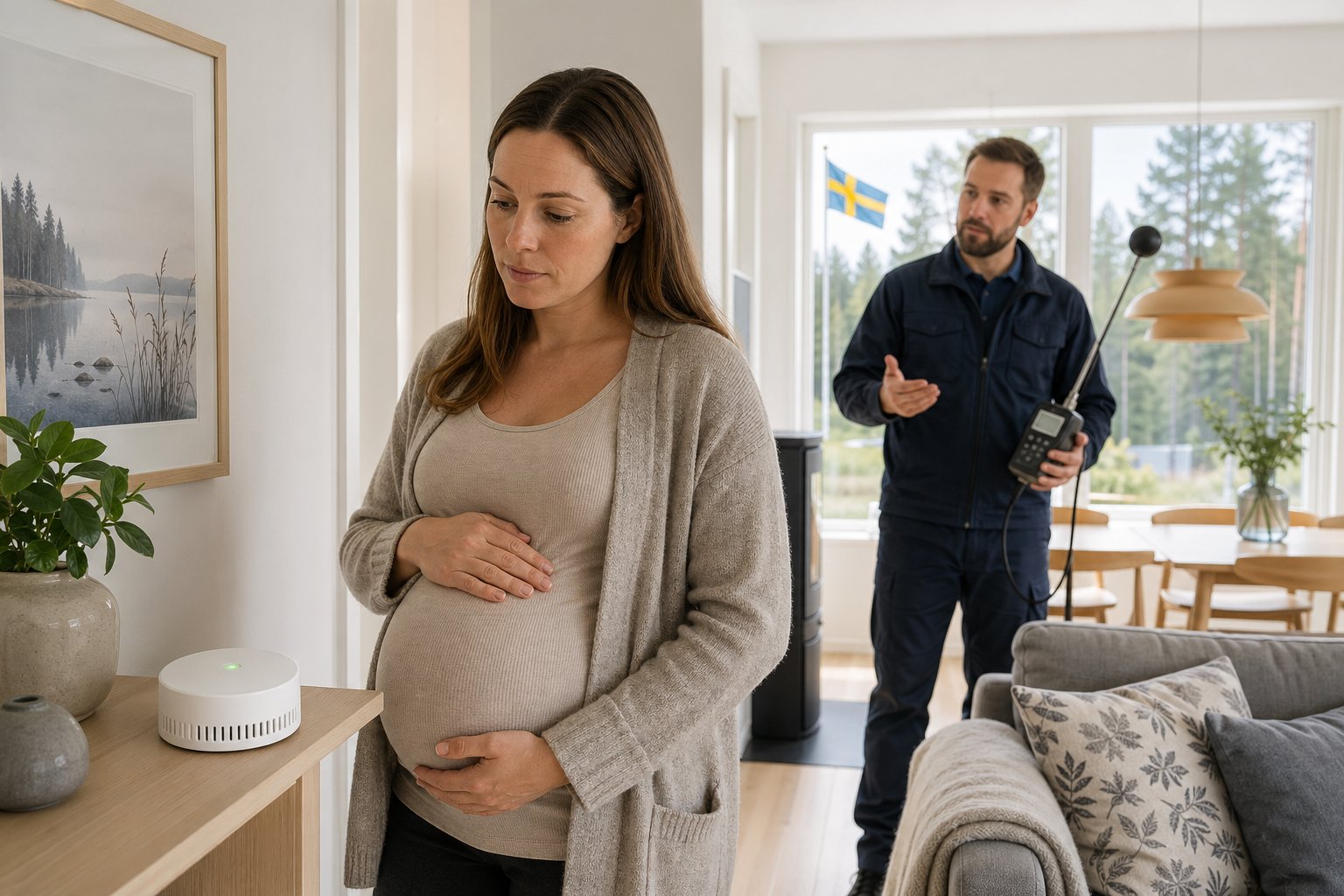 En gravid kvinna i ett svenskt hem där en radondetektor är placerad på ett bord, med en tekniker som utför mätningar i bakgrunden.