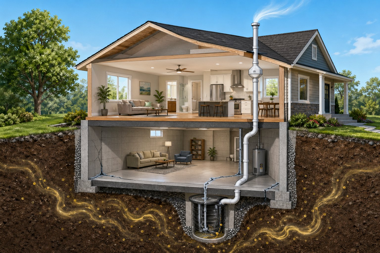 Tvärsnitt av ett hus som visar åtgärder för att minska radon, som ventilation och tätning av grund och källare.