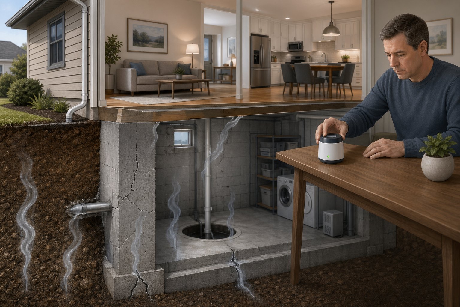 En illustration av ett hem med vanliga källor till radon inomhus och en person som använder en radonmätare.