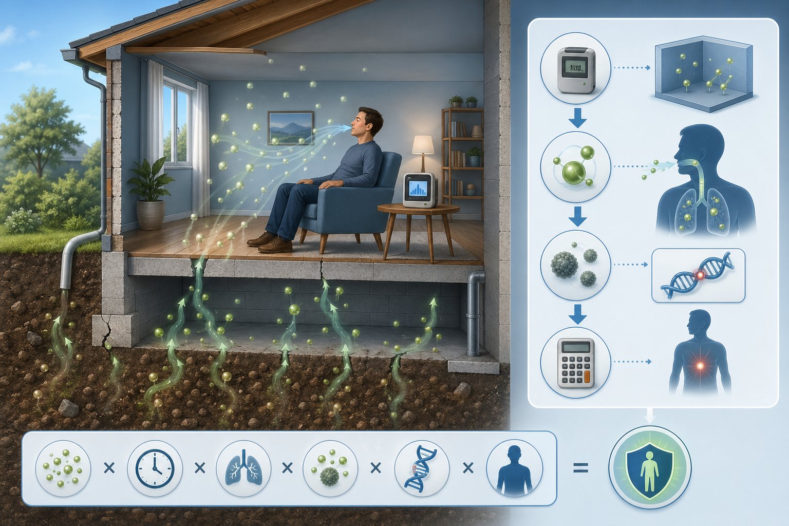 Illustration som visar radon som tränger in i ett hus från marken och en person som andas in radongas, med en grafisk representation av hur radonkoncentration omvandlas till stråldos.