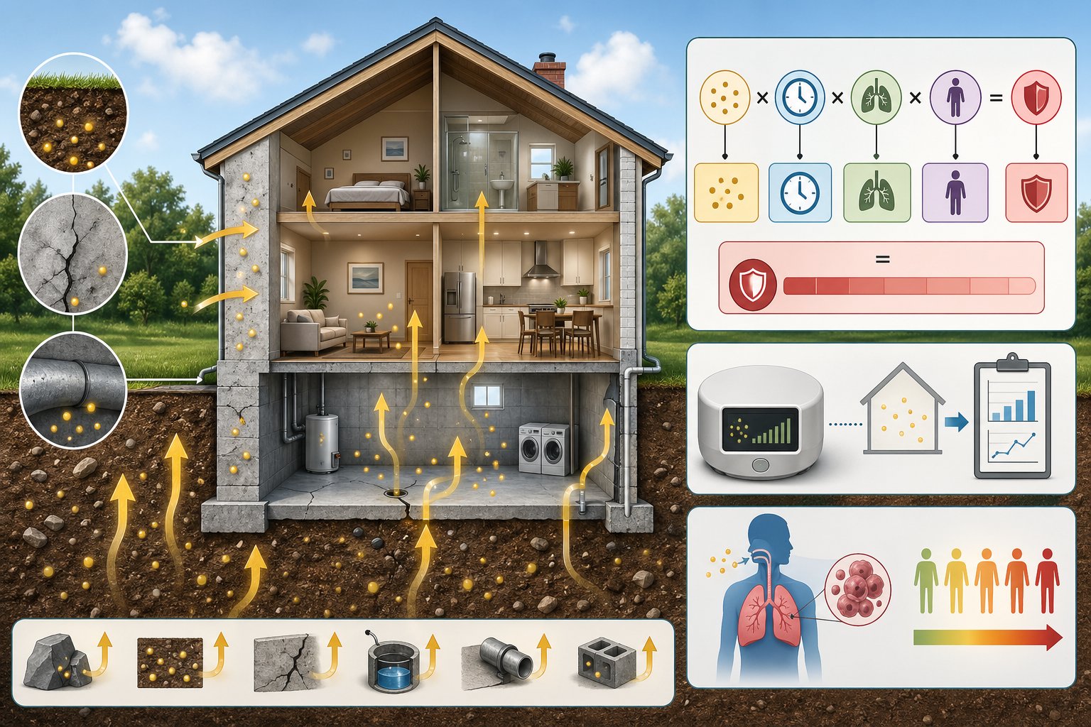 Tvärsnittsbild av ett hus som visar vanliga källor till radon från marken och byggmaterial samt hur radondosen mäts och beräknas.