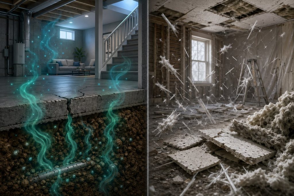 En illustration som visar radon som gas som stiger från marken i en källare till vänster, och asbest som fibrer i luften i en äldre byggnad till höger.