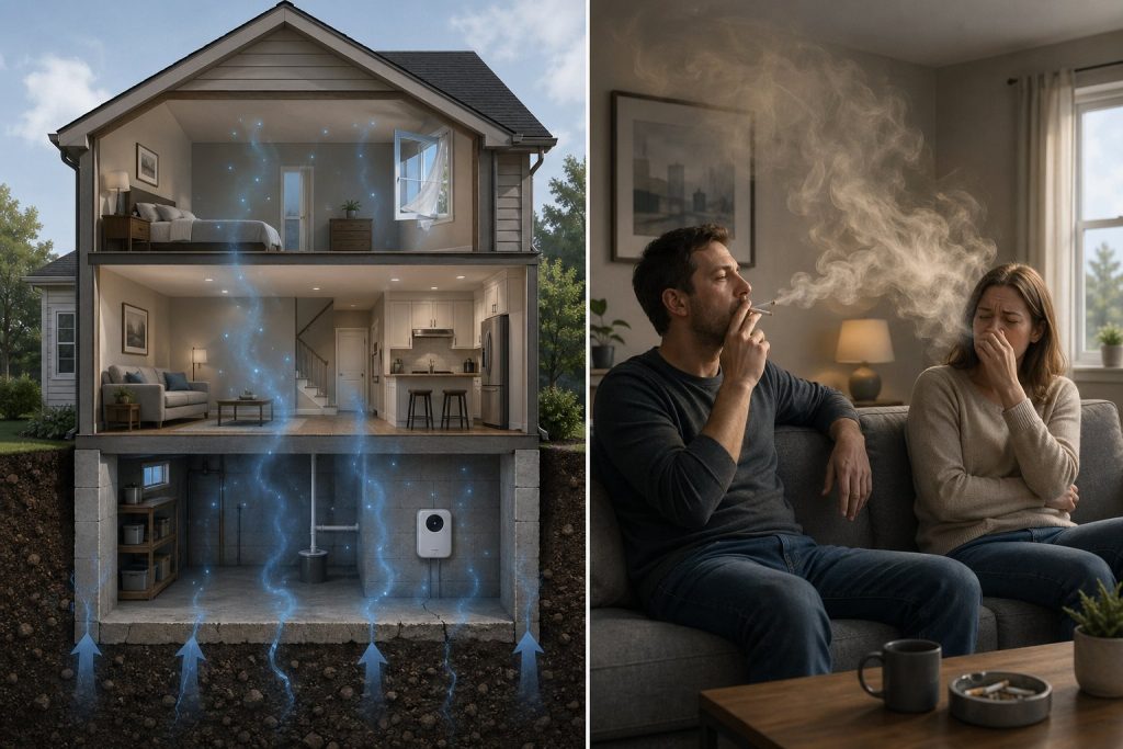 En illustration som visar radongas som stiger från marken in i ett hus och en person som röker inomhus medan en annan person andas in röken.