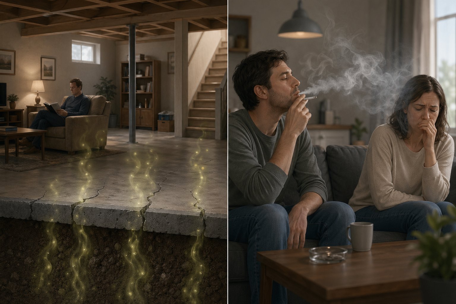 En illustration som visar skillnaden mellan radonexponering i ett hem och passiv rökning där en person andas in cigarettrök från en annan person inomhus.