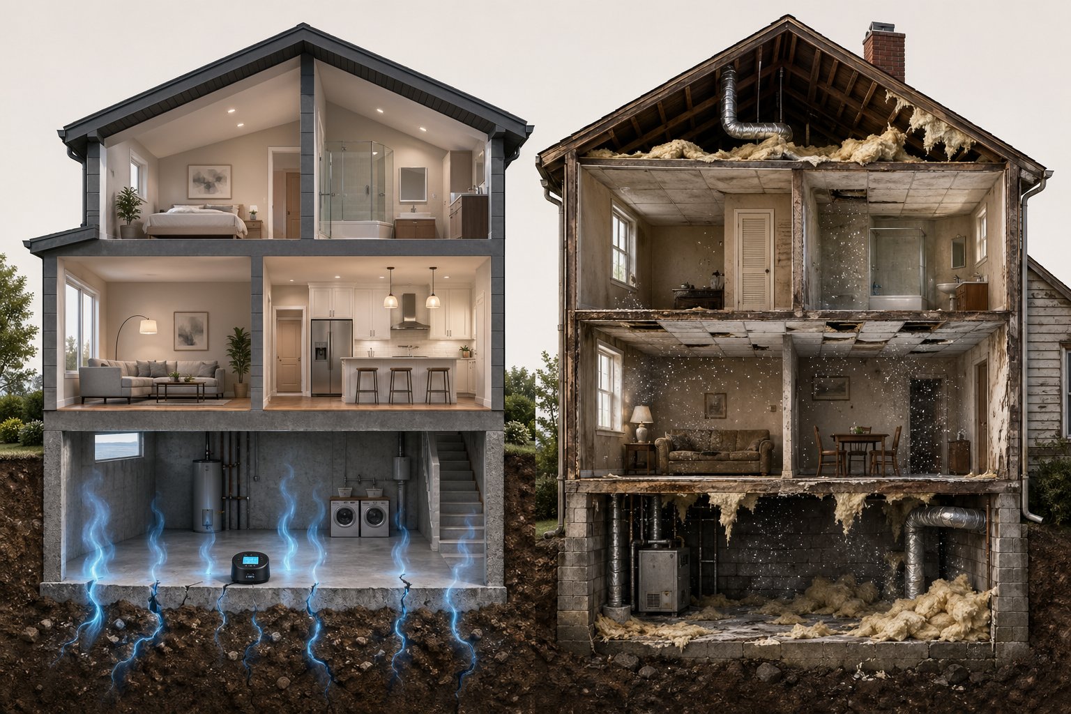 Två bostäder i genomskärning som visar radon som stiger från marken under en modern källare och asbestfibrer som frigörs från skadad isolering i en äldre vind.
