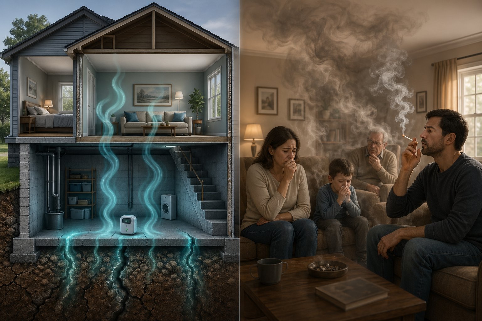 Två scener som visar radongas som stiger från marken in i ett hus och en familj där en person röker inomhus medan röken sprider sig till andra i rummet.