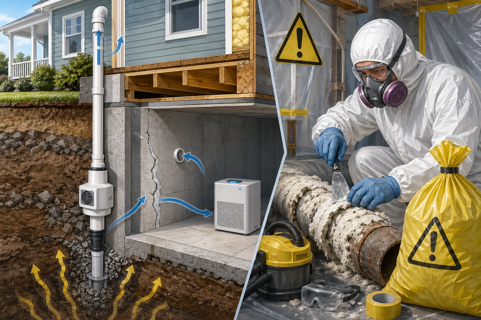 Illustration som visar åtgärder för att minska risker med radon och asbest, med ett hus som har radonventilation och en arbetare som tar bort asbest med skyddsutrustning.