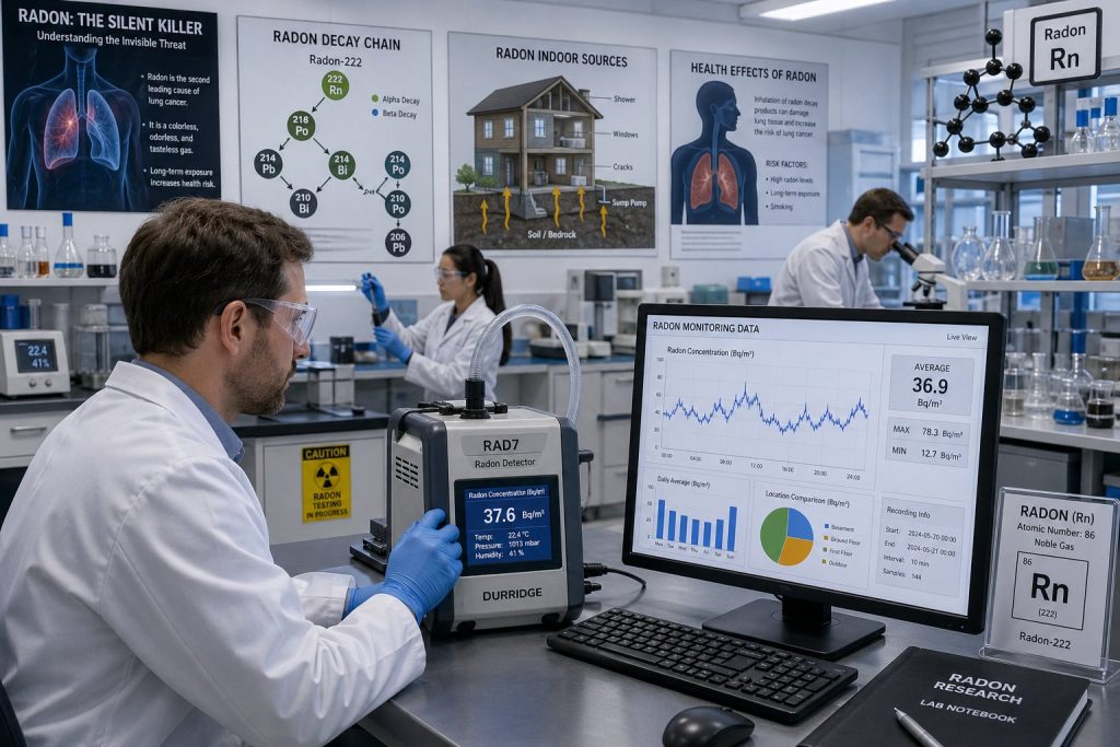 Forskare i ett laboratorium som mäter radonnivåer med vetenskaplig utrustning.