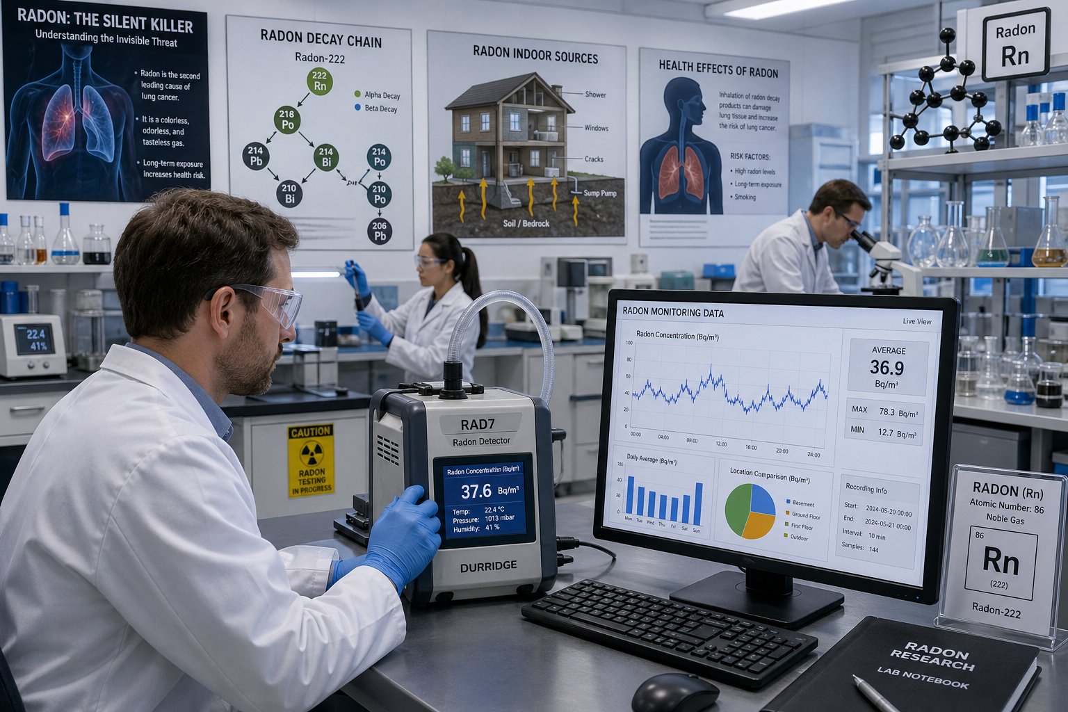 Forskare i ett laboratorium som mäter radonnivåer med vetenskaplig utrustning.