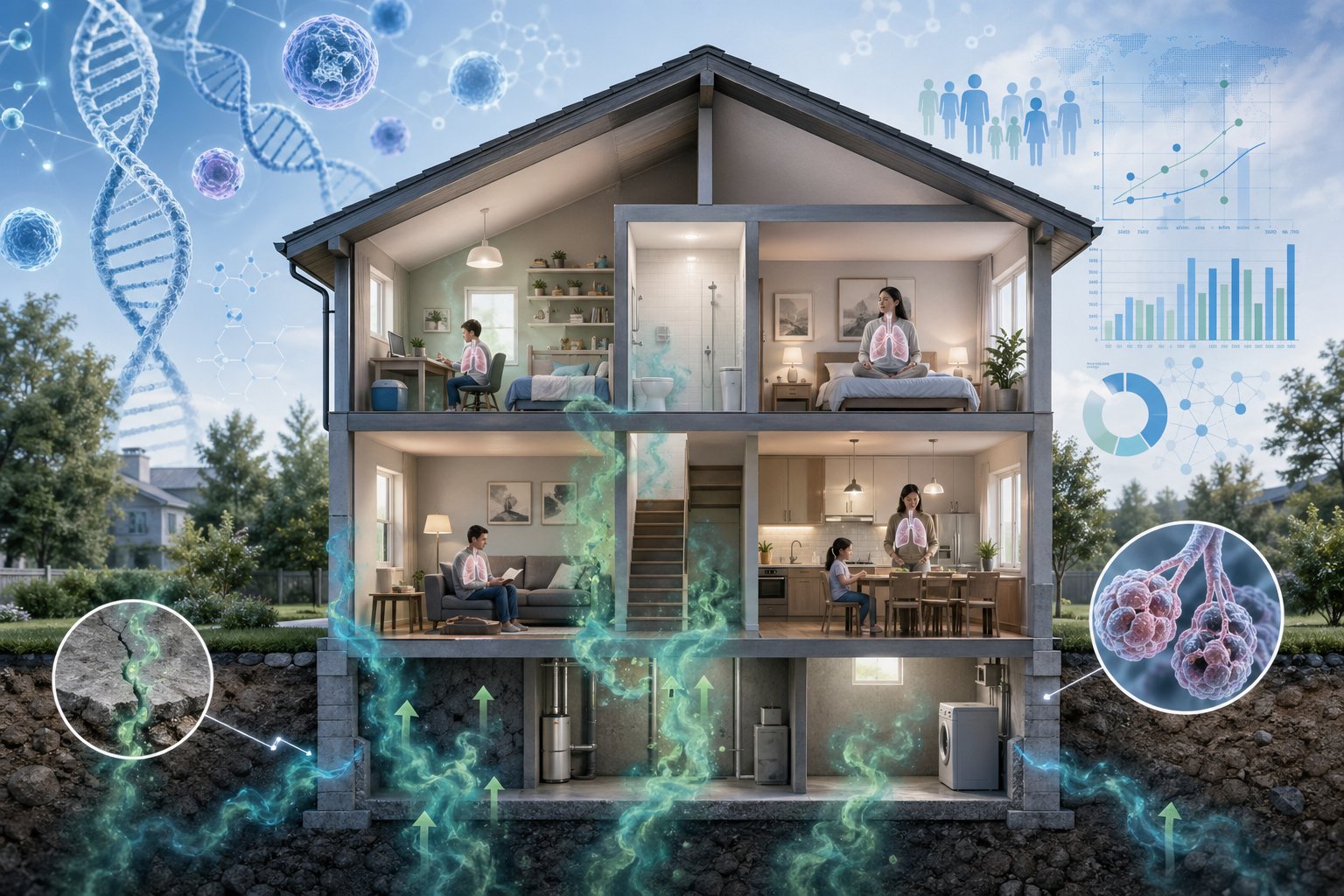 Illustration som visar radon som tränger in i ett hus från marken och påverkar invånarnas lungor, med vetenskapliga symboler i bakgrunden.
