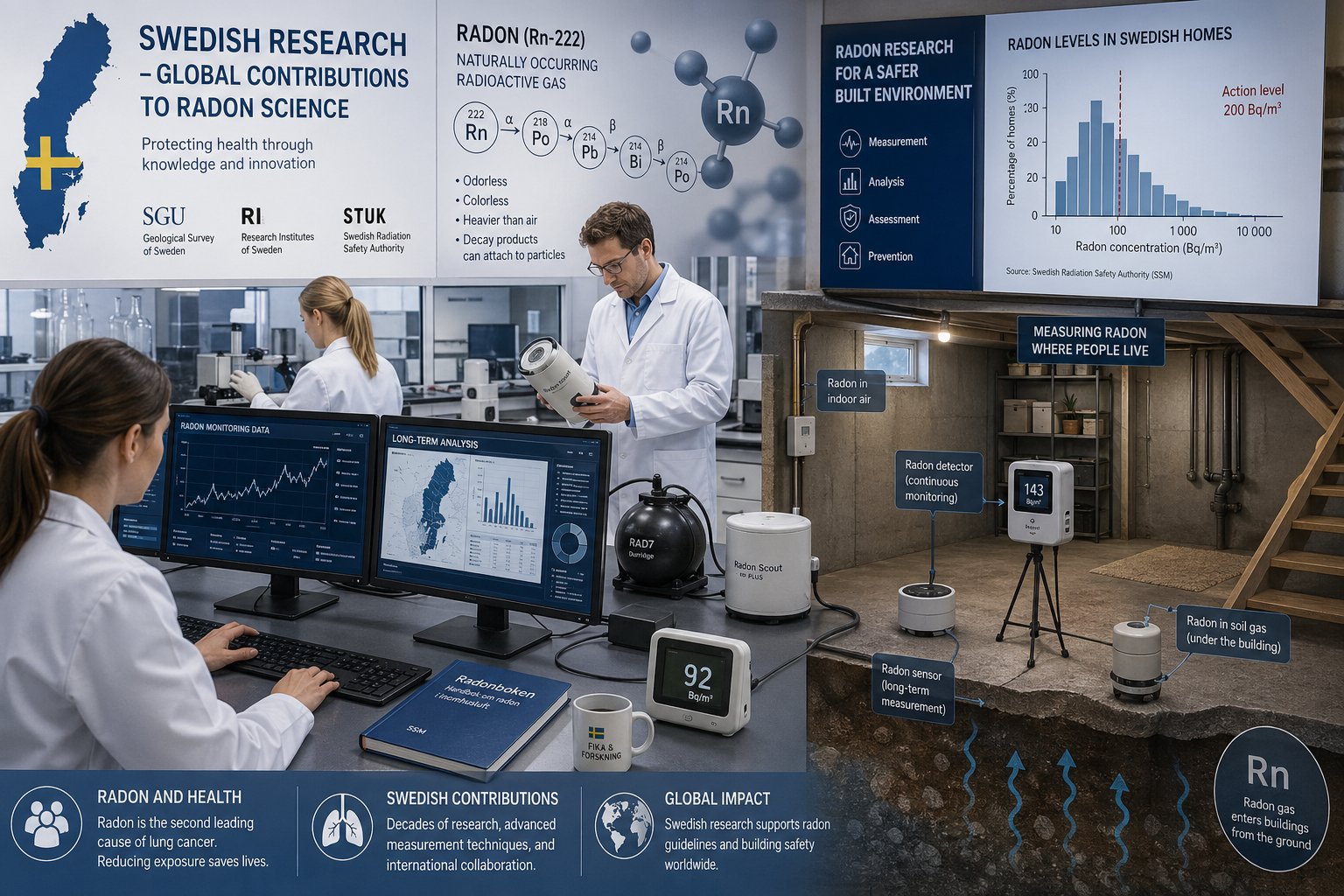 Forskare i ett laboratorium som undersöker radon med mätinstrument och analyserar data i en inomhusmiljö som liknar en källare.
