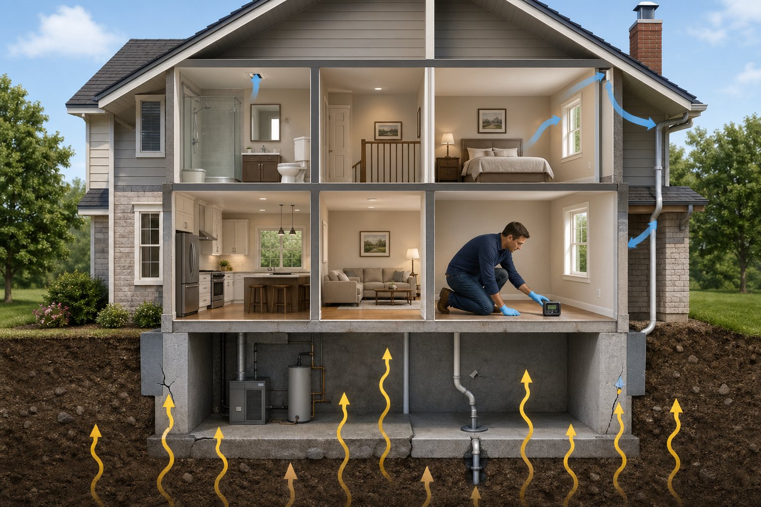 En illustration som visar en person som placerar en radonmätare på golvet i ett rum i ett hus med en genomskärning som visar husets struktur och luftflöde.