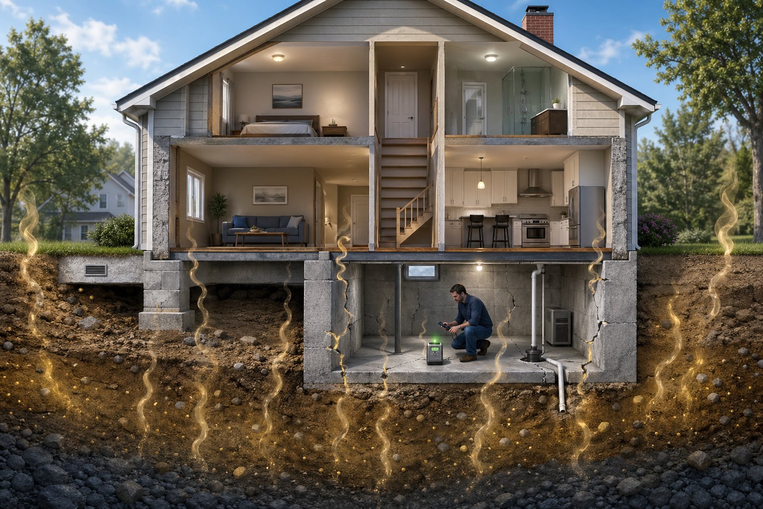 Tvärsnitt av ett hus som visar var radon kommer in från marken och sprids i källaren, med en person som mäter radon med en mätare.