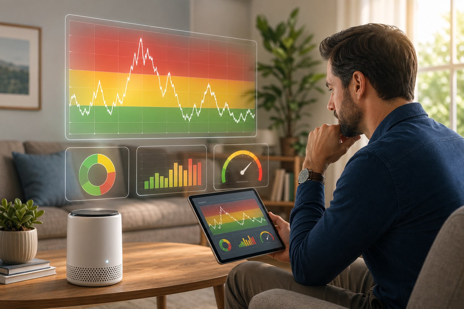 En person i ett vardagsrum analyserar data från en radondetektor med diagram som visar radonnivåer över tid.