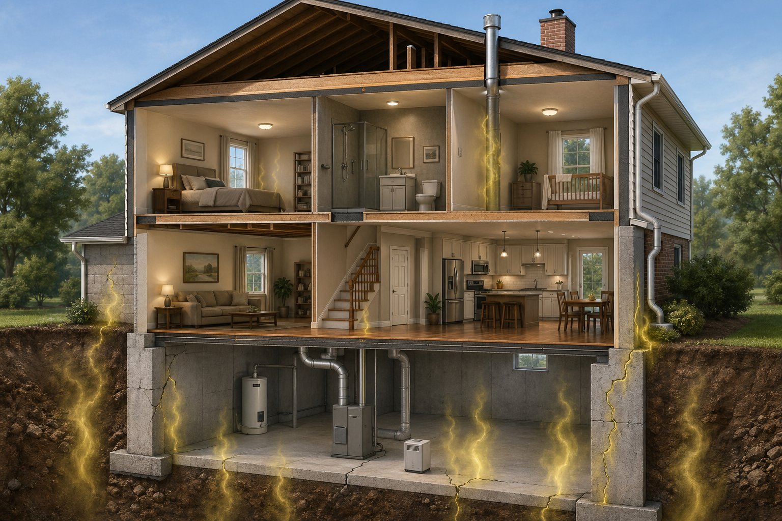 Tvärsnitt av ett hus som visar vanliga källor till förhöjda radonhalter, inklusive sprickor i grunden och markgas under källargolvet.