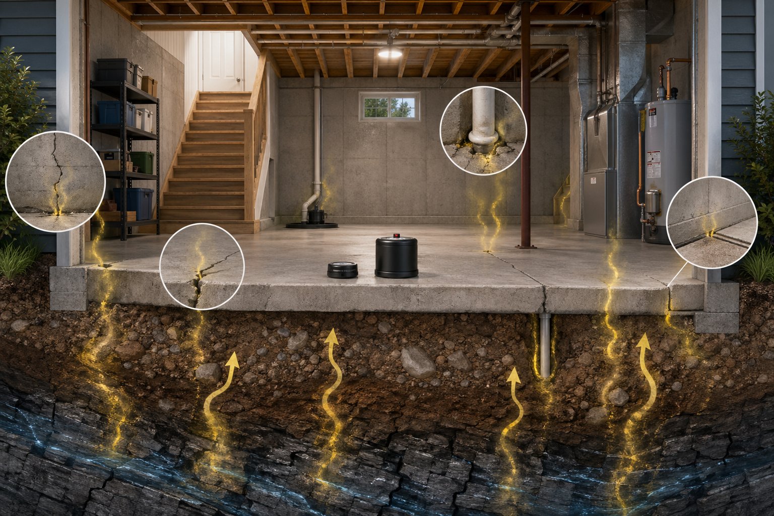 Ett tvärsnitt av en bostadskällare som visar radonmätare och möjliga ingångar för radon från marken under huset.
