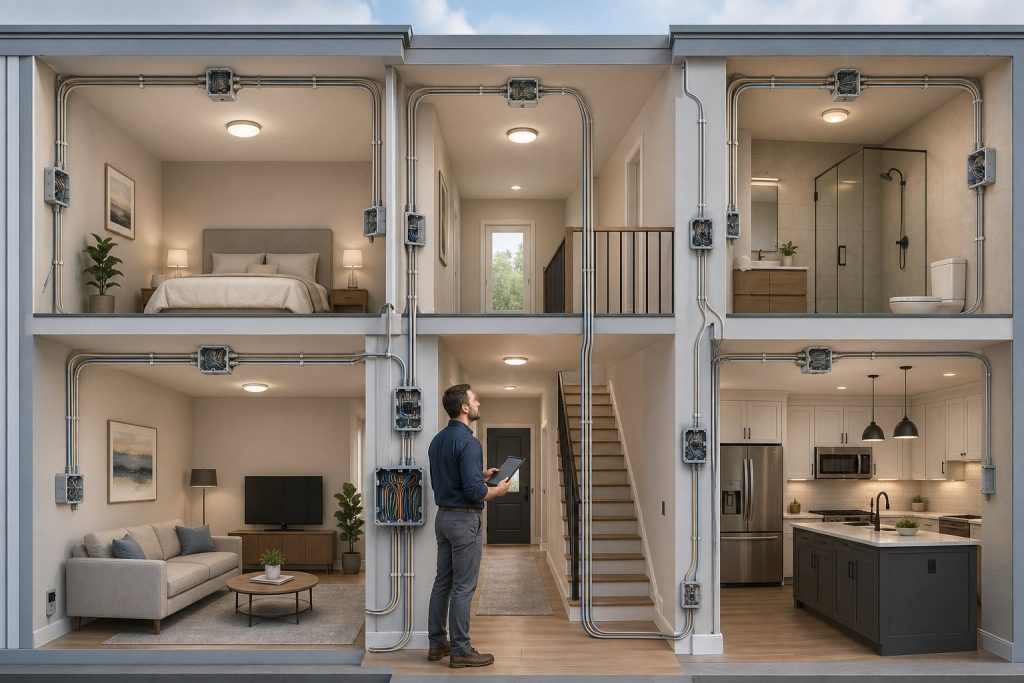 Tvärsnitt av ett hus med flera rum och elektriska dosor monterade på väggar och tak, samt en person som undersöker dem.