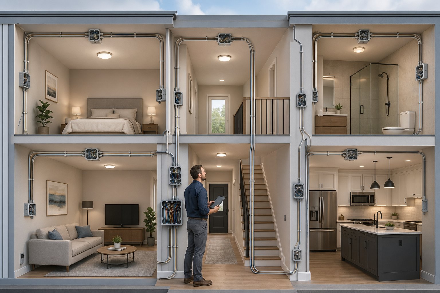 Tvärsnitt av ett hus med flera rum och elektriska dosor monterade på väggar och tak, samt en person som undersöker dem.