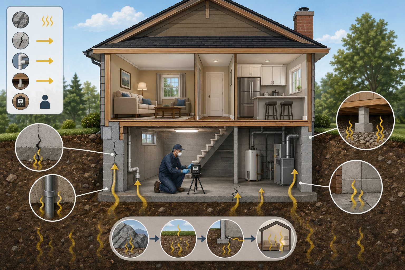 Tvärsnittsbild av ett hus som visar vanliga platser där radon kan komma in, med en person som installerar radonmätningsutrustning i källaren.