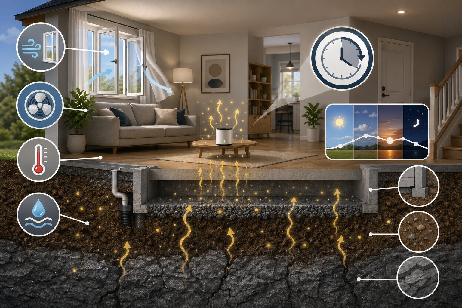 Ett illustration av ett hem med en radonmätare i vardagsrummet, med en genomskärning som visar marken under huset och pilar som visar radongasens rörelse in i huset samt en klocka som symboliserar mätningens längd.