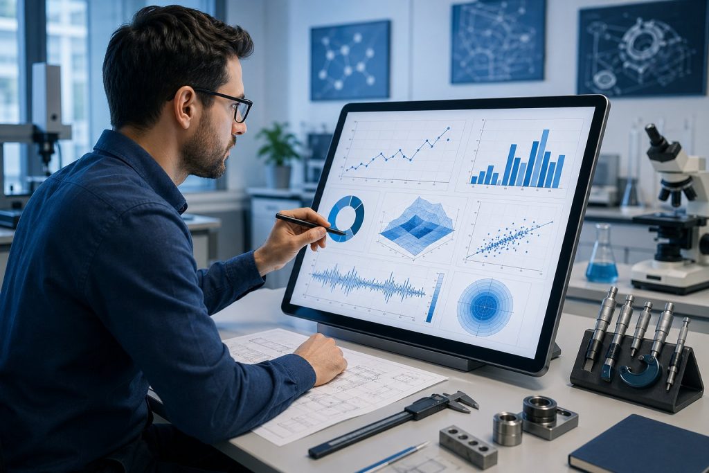 En person som noggrant tolkar mätresultat på en digital skärm i en modern arbetsmiljö.